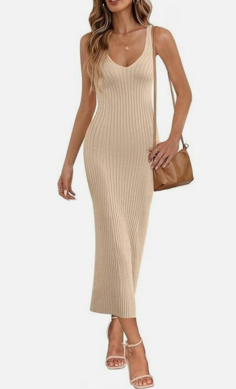 MEROKEETY Rib Knit Sleeveless V Neck Maxi Dress Apricot Tan Bodycon Casual M Med
